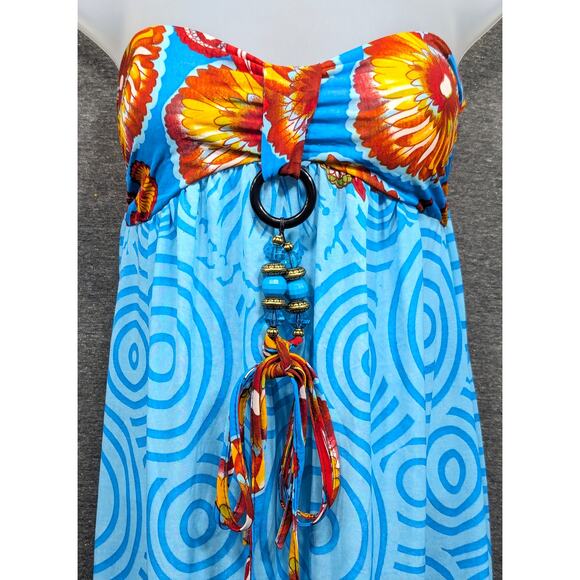 Silk Dress - Blue Floral, Maxi, Padded, Beaded Accent, Strapless, Silk Blend, M - Picture 2 of 6